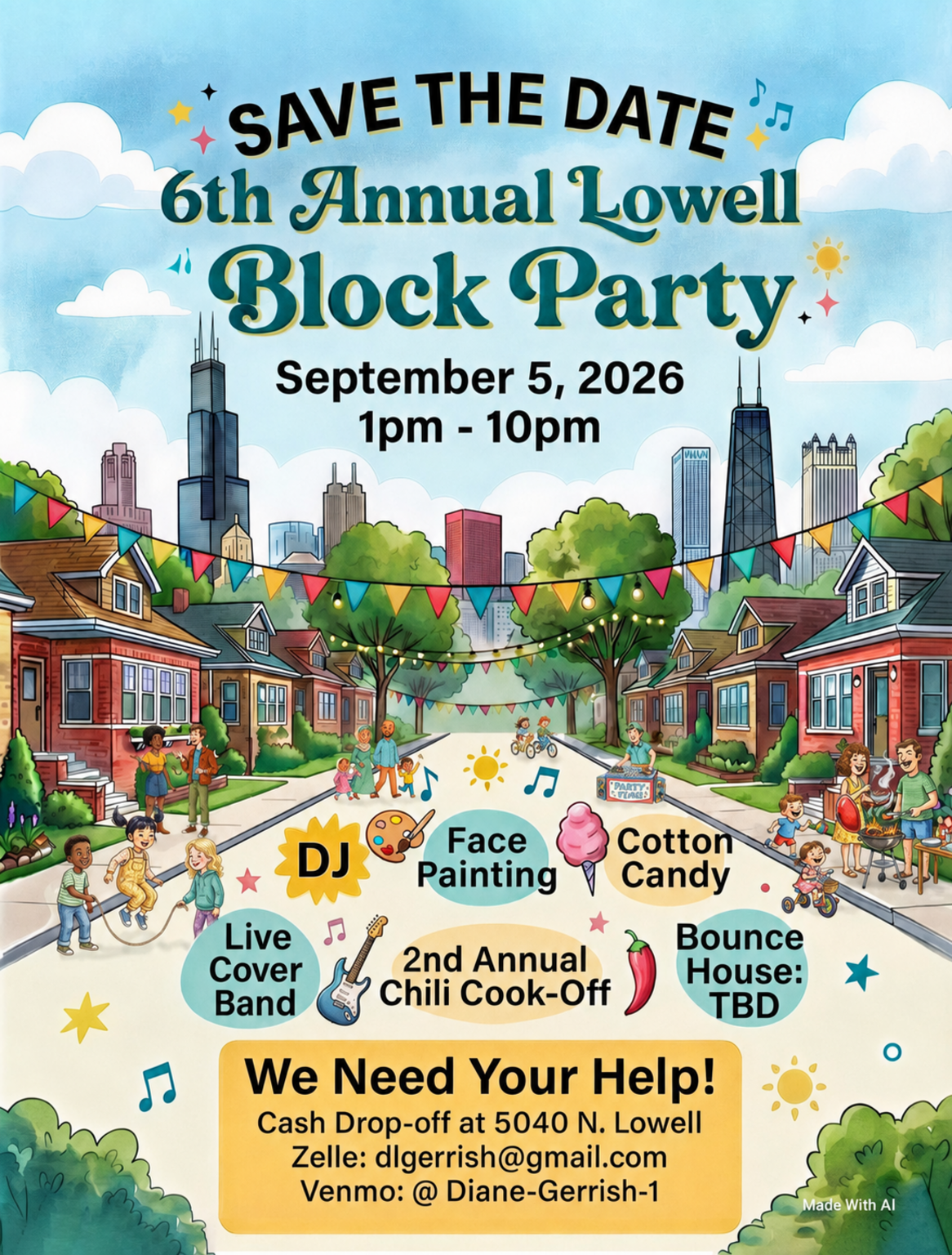 Illustrated save-the-date flyer for the 6th Annual Lowell Block Party